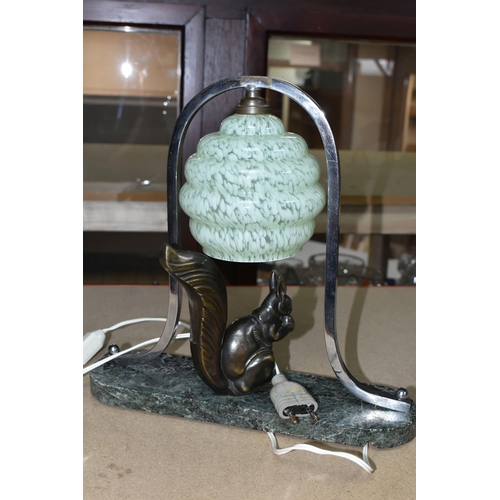 434 - A FRENCH ART DECO SQUIRREL LAMP, with original mottled green glass shade and chrome frame, squirrel ... 