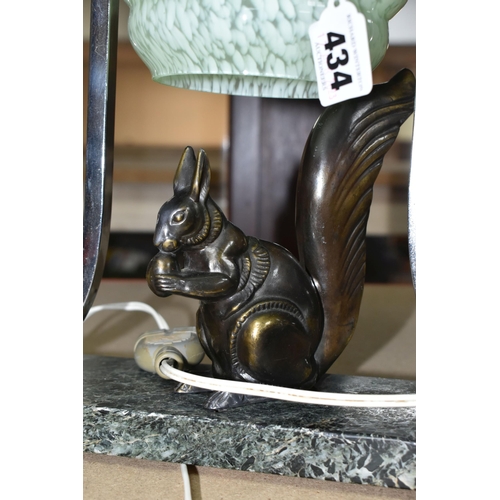 434 - A FRENCH ART DECO SQUIRREL LAMP, with original mottled green glass shade and chrome frame, squirrel ... 