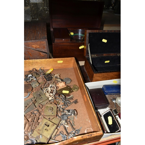 437 - A QUANTITY OF COLLECTABLES, LOCKS, KEYS, 19TH CENTURY TEA CADDY AND TWO OTHER WOODEN BOXES, includin... 