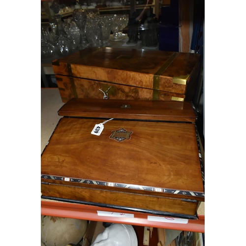 439 - A LATE VICTORIAN WALNUT AND INLAID WRITING SLOPE AND A VICTORIAN BRASS BOUND BURR WALNUT WRITING SLO... 