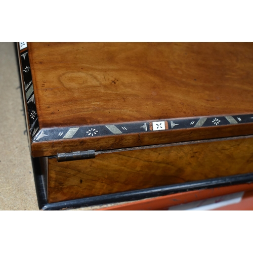 439 - A LATE VICTORIAN WALNUT AND INLAID WRITING SLOPE AND A VICTORIAN BRASS BOUND BURR WALNUT WRITING SLO... 