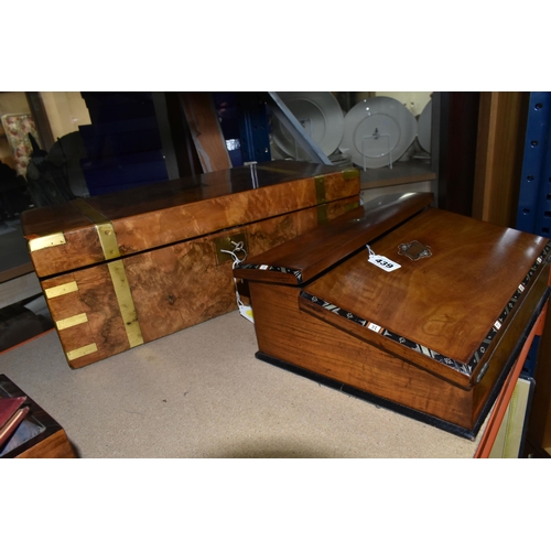 439 - A LATE VICTORIAN WALNUT AND INLAID WRITING SLOPE AND A VICTORIAN BRASS BOUND BURR WALNUT WRITING SLO... 