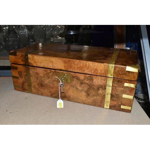 439 - A LATE VICTORIAN WALNUT AND INLAID WRITING SLOPE AND A VICTORIAN BRASS BOUND BURR WALNUT WRITING SLO... 