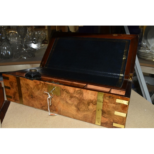 439 - A LATE VICTORIAN WALNUT AND INLAID WRITING SLOPE AND A VICTORIAN BRASS BOUND BURR WALNUT WRITING SLO... 