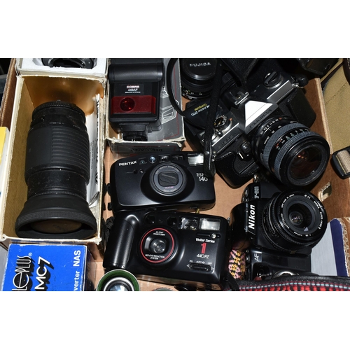 440 - ONE BOX OF CAMERAS, CAMERA BAGS AND LENSES, to include a Fujica ST605N camera, a Nikon  F-601with a ... 