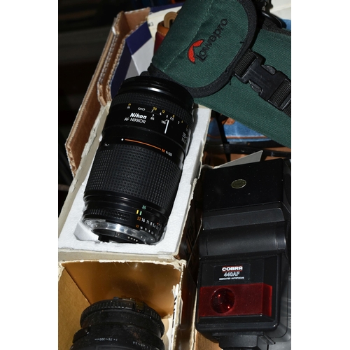 440 - ONE BOX OF CAMERAS, CAMERA BAGS AND LENSES, to include a Fujica ST605N camera, a Nikon  F-601with a ... 