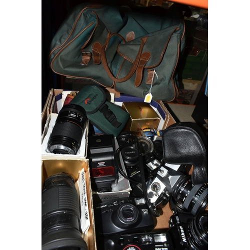 440 - ONE BOX OF CAMERAS, CAMERA BAGS AND LENSES, to include a Fujica ST605N camera, a Nikon  F-601with a ... 