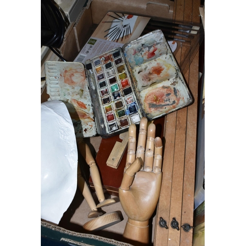 443 - ONE BOX OF HABERDASHERY AND ARTISTS EQUIPMENT, to include a new and unused cardboard Mr. Jacksons 'P... 