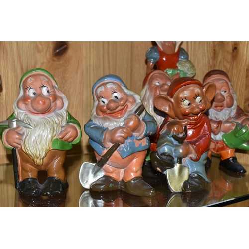 449 - A VINTAGE TERRACOTTA PART SET OF SNOW WHITE AND SIX OF THE DWARFS, hollow slip cast painted figures ... 