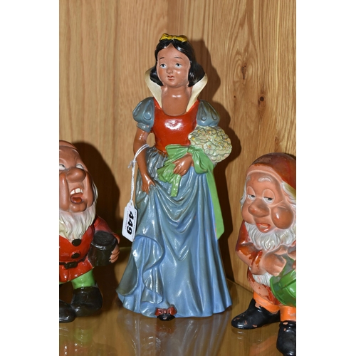 449 - A VINTAGE TERRACOTTA PART SET OF SNOW WHITE AND SIX OF THE DWARFS, hollow slip cast painted figures ... 