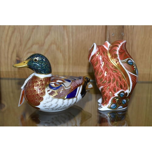 451 - TWO ROYAL CROWN DERBY PAPERWEIGHTS, comprising a Mallard Duck and a Woodland Squirrel, each with gol... 