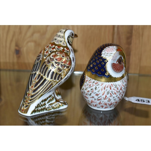 453 - TWO ROYAL CROWN DERBY PAPERWEIGHTS, comprising a Tawny Owl and a Song Thrush, each with gold stopper... 