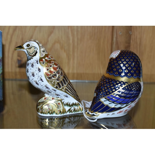 453 - TWO ROYAL CROWN DERBY PAPERWEIGHTS, comprising a Tawny Owl and a Song Thrush, each with gold stopper... 