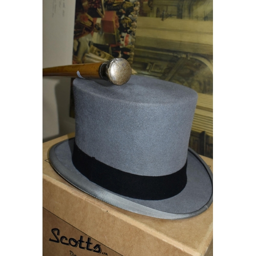 465 - A BOXED TOP HAT, A SILVER HANDLED CANE, AND A FRAMED PRINT, comprising a silver handled cane by Swai... 