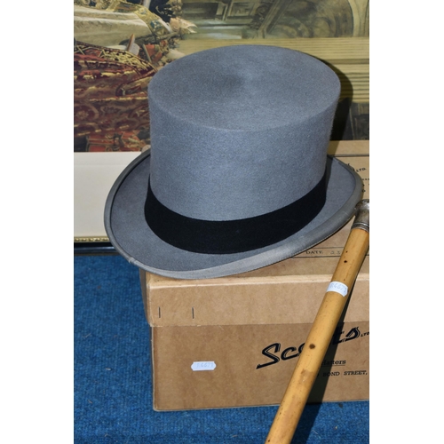 465 - A BOXED TOP HAT, A SILVER HANDLED CANE, AND A FRAMED PRINT, comprising a silver handled cane by Swai... 