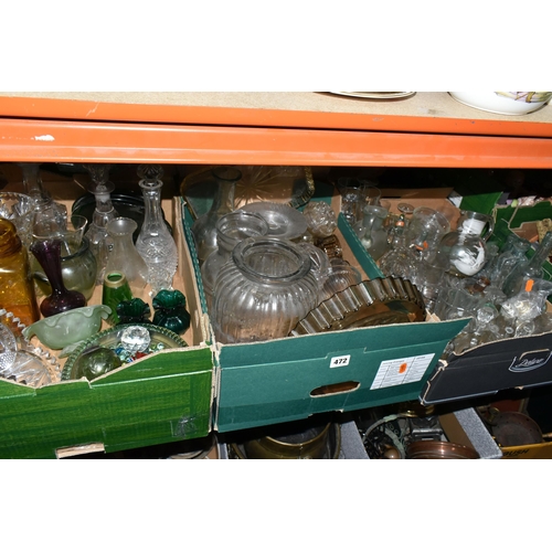 472 - THREE BOXES OF GLASSWARE, to include two decanters, a green cut to clear perfume bottle, coloured gl... 