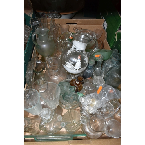 472 - THREE BOXES OF GLASSWARE, to include two decanters, a green cut to clear perfume bottle, coloured gl... 