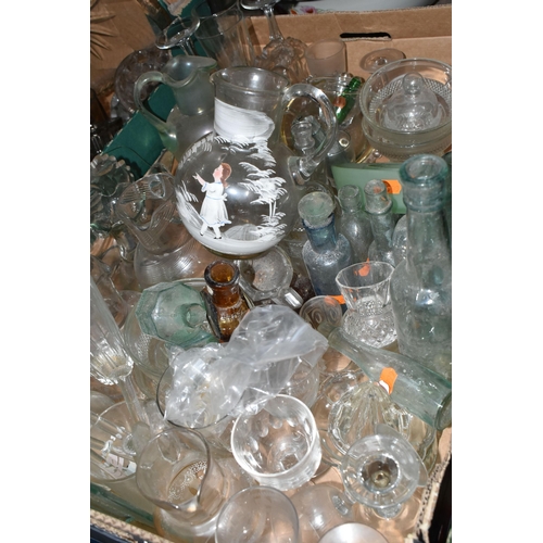 472 - THREE BOXES OF GLASSWARE, to include two decanters, a green cut to clear perfume bottle, coloured gl... 