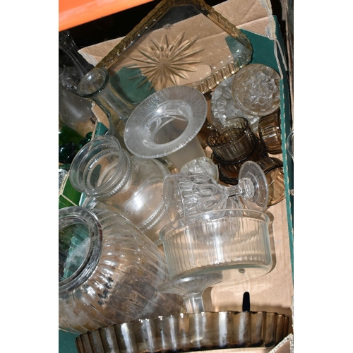 472 - THREE BOXES OF GLASSWARE, to include two decanters, a green cut to clear perfume bottle, coloured gl... 