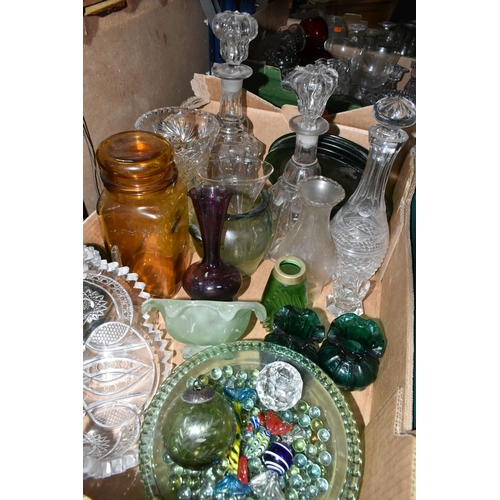 472 - THREE BOXES OF GLASSWARE, to include two decanters, a green cut to clear perfume bottle, coloured gl... 