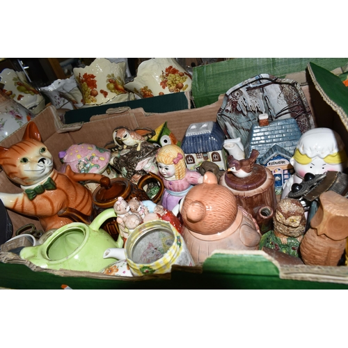 473 - FIVE BOXES OF TEAWARE AND ORNAMENTS, to include a large novelty teapot collection and a large collec... 