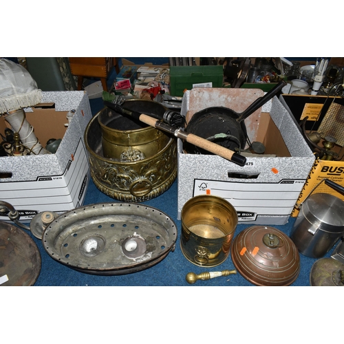 475 - THREE BOXES OF METALWARE, to include a copper bed warmer, cider jug, pan, two large brass planters, ... 