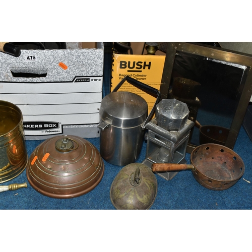 475 - THREE BOXES OF METALWARE, to include a copper bed warmer, cider jug, pan, two large brass planters, ... 