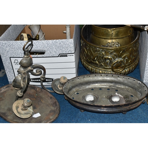 475 - THREE BOXES OF METALWARE, to include a copper bed warmer, cider jug, pan, two large brass planters, ... 