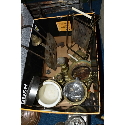 475 - THREE BOXES OF METALWARE, to include a copper bed warmer, cider jug, pan, two large brass planters, ... 