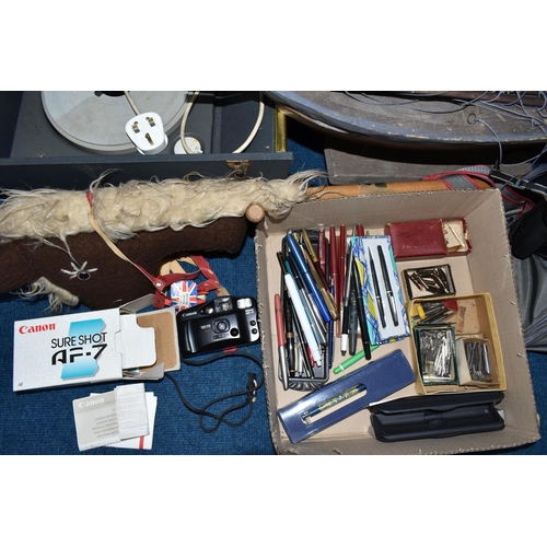 476 - ONE BOX OF VINTAGE CAMERAS, PENS AND SUNDRIES, to include a model sailing boat, a small oak foot sto... 