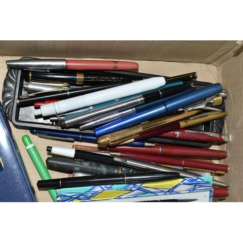 476 - ONE BOX OF VINTAGE CAMERAS, PENS AND SUNDRIES, to include a model sailing boat, a small oak foot sto... 