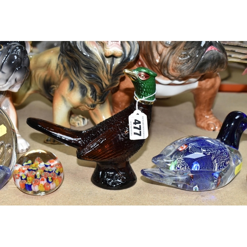 477 - A GROUP OF CERAMICS AND GLASS PAPERWEIGHTS, comprising a Guiness G0052 Heritage Toucan money box, a ... 