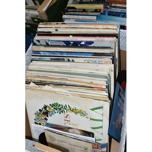 483 - SEVEN BOXES OF BOOKS, INTERIORS MAGAZINES AND OVER FIFTY L.P. RECORDS, to include Brahms, Vivaldi, B... 