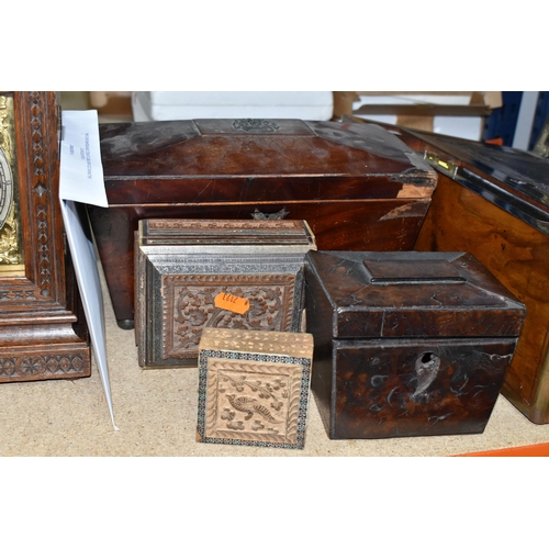 493 - A MANTEL CLOCK AND VARIOUS WOODEN BOXES, comprising a wooden cased mantel clock, carved with floral ... 