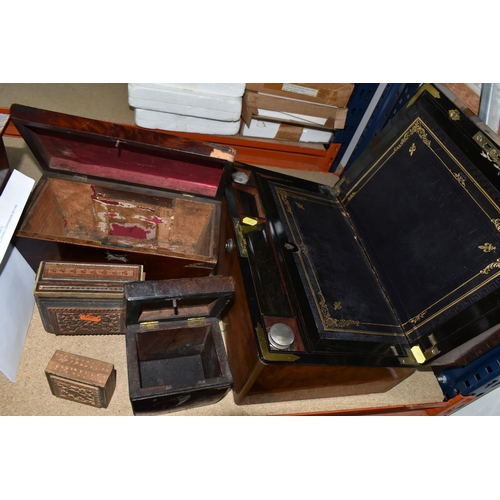 493 - A MANTEL CLOCK AND VARIOUS WOODEN BOXES, comprising a wooden cased mantel clock, carved with floral ... 