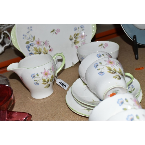 495 - A TWENTY ONE PIECE SHELLEY 'WILD ANEMONE' TEA SET, pattern 13977, comprising a cake plate, a cream j... 