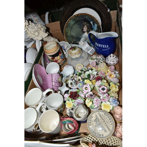 499 - SIX BOXES AND LOOSE CERAMICS AND GLASS WARES, to include a pot and mismatched pot lid advertising Cr... 