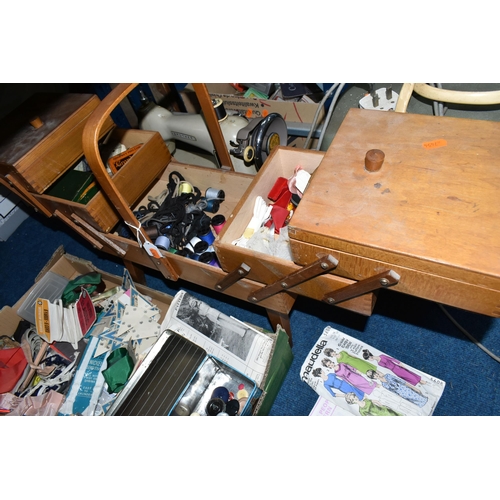 501 - A BOX AND LOOSE SEWING MACHINE, SEWING BOX AND SUPPLIES, to include a cased vintage Brother electric... 