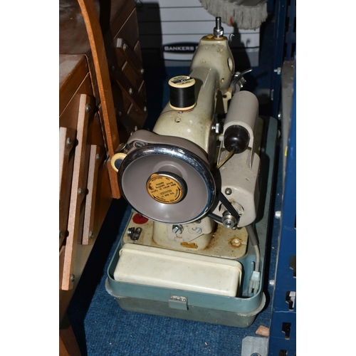 501 - A BOX AND LOOSE SEWING MACHINE, SEWING BOX AND SUPPLIES, to include a cased vintage Brother electric... 