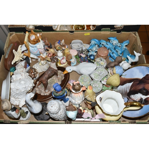 505 - TWO BOXES OF ASSORTED CERAMICS AND SUNDRIES, to include three Johnson Brothers 'Fresh Fruit' wall cl... 