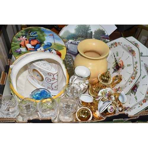 505 - TWO BOXES OF ASSORTED CERAMICS AND SUNDRIES, to include three Johnson Brothers 'Fresh Fruit' wall cl... 