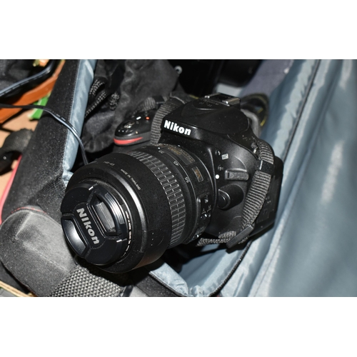 506 - A BOX OF PHOTOGRAPHIC AND VIDEO EQUIPMENT ETC, to include a Nikon D5200 digital SLR camera fitted wi... 