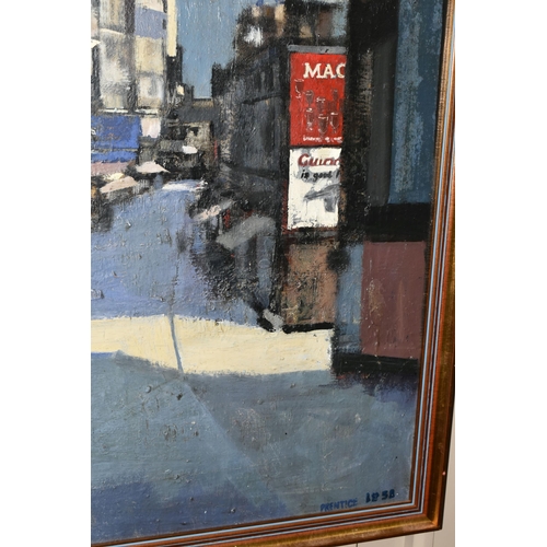 508 - PRENTICE (20TH CENTURY) A CITYSCAPE WITH ADVERTISING HOARDINGS, signed and dated 1958 bottom right, ... 