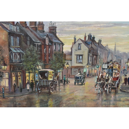 509 - PAINTINGS AND PRINTS COMPRISING; PETER BRADSHAW (1931-?) A NOSTALGIC STREET SCENE WITH HORSES AND CA... 