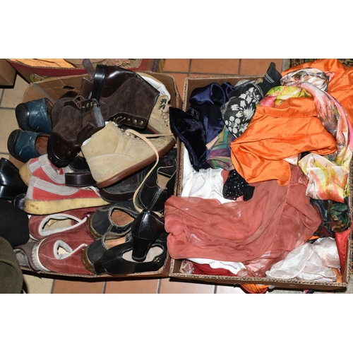 511 - EIGHT BOXES AND LOOSE VINTAGE CLOTHING AND ACCESSORIES, to include shoes, bags, scarves, jackets inc... 