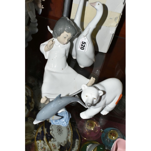 520 - FOUR LLADRO FIGURES, comprising a boxed 8039 Pair of Geese, 4962 Angel Wondering, 1207 Attentive Pol... 