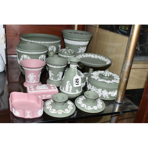 521 - A QUANTITY OF WEDGWOOD GREEN JASPERWARE TOGETHER WITH THREE PIECES OF PINK JASPERWARE, comprising a ... 