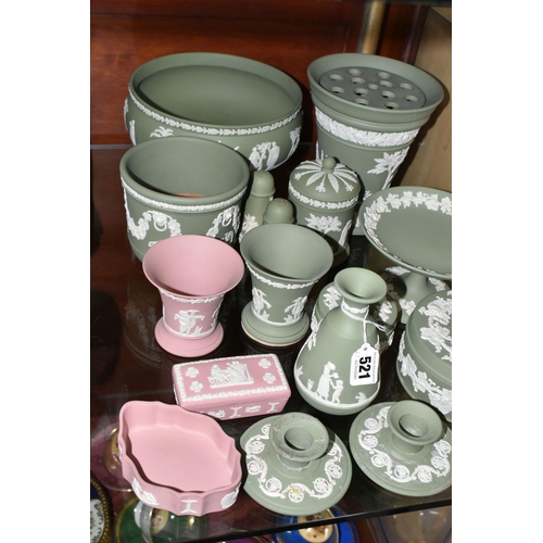 521 - A QUANTITY OF WEDGWOOD GREEN JASPERWARE TOGETHER WITH THREE PIECES OF PINK JASPERWARE, comprising a ... 