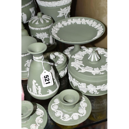 521 - A QUANTITY OF WEDGWOOD GREEN JASPERWARE TOGETHER WITH THREE PIECES OF PINK JASPERWARE, comprising a ... 