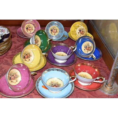 524 - TEN AYNSLEY TEA CUPS AND SAUCERS, comprising three footed cups and three saucers in yellow, pale blu... 